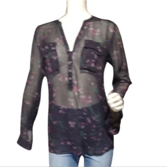 Sheer Long Sleeve V-Neck Top Eddie Bauer Size XS EUC Black & Pink Buttons Pocket - Picture 8 of 8